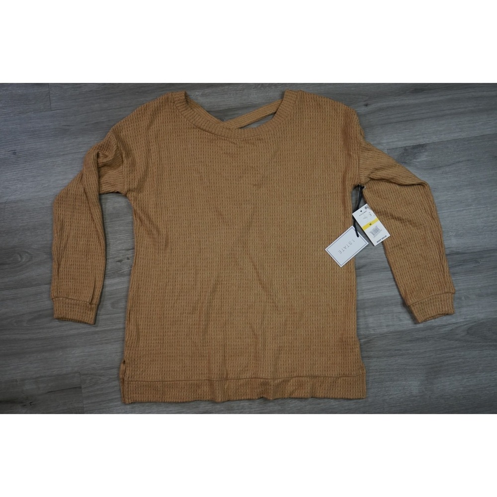 New $59 1.STATE Women's Medium Tan Textured Knit Side Slit Open V-Back Sweater